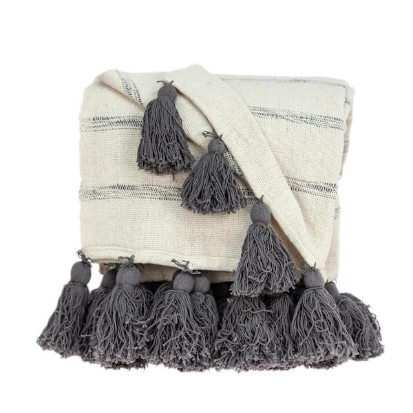 PARKLAND COLLECTION Seema Transitional Off White Handloomed 52 in. x 67 in. Cotton Throw Blanket