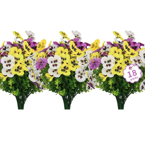 13.3 in. Purple UV Resistant Indoor/Outdoor Artificial Pansy Bush Floral Stem (Set of 18)