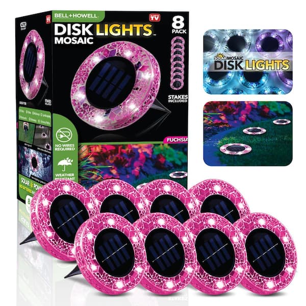 Bell + Howell Mosaic Disk Lights Solar Powered Pink LED Path Lights with Mosaic Glass Top (8-Pack)