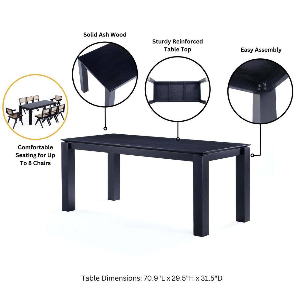 Ash Wood Black Rectangular Dining Set with Cane Chairs