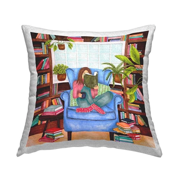 Stupell Industries Girl Reading with Books Outdoor Printed Throw Pillow by Ale Saiz Studio