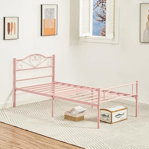 Twin Bed Frame, Pink Platform Bed No Box Spring Needed, Heavy Duty Steel Slats Support Bed