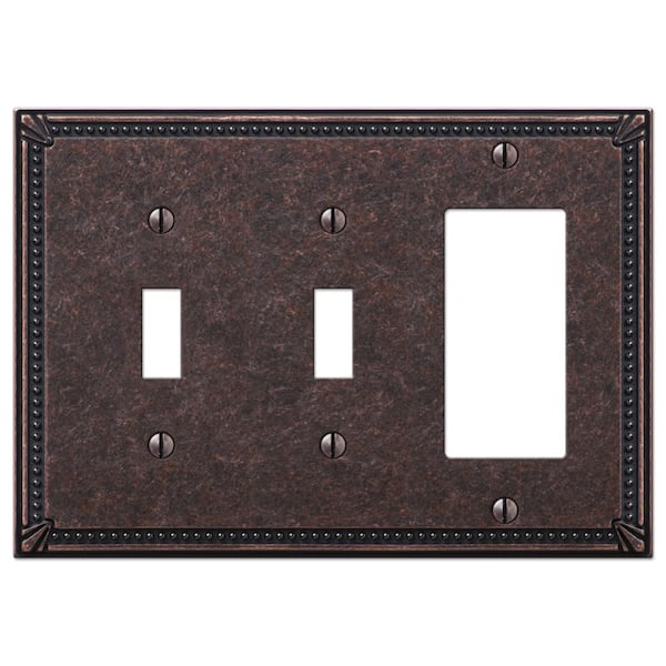 AMERELLE Imperial Bead 3 Gang 2-Toggle and 1-Rocker Metal Wall Plate - Tumbled Aged Bronze