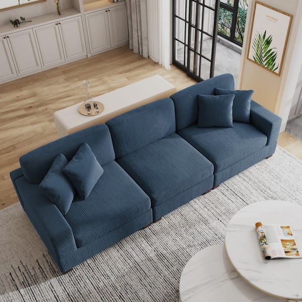 117 in. Square Arm 3-Piece Corduroy Upholstered 3-Seats Sectional Sofa in Navy Blue with 5-Pillows