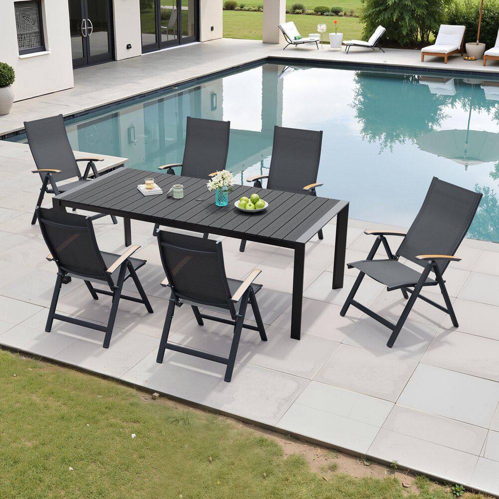 Black 7-Piece Aluminum Rectangular 71.42 in. Table Outdoor Dining Set and Foldable Chairs