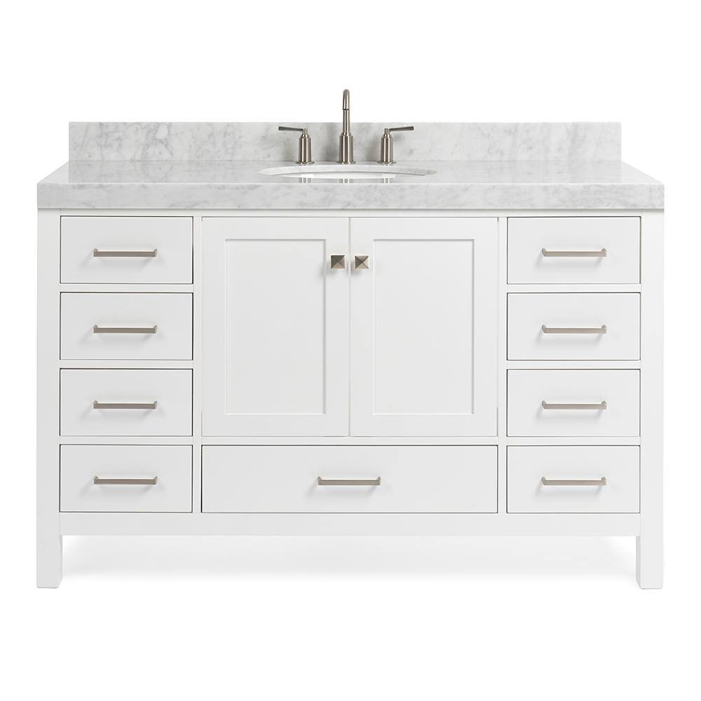 Cambridge 54" White Wood Freestanding Bathroom Vanity with Carrara Marble Top