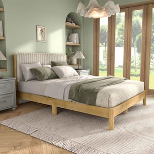 Alder Natural Wood Frame Queen Platform Bed With Corduroy Fabric Upholstery
