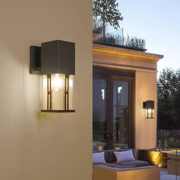 Hawaii 11 in. H Black Seeded Glass Hardwired Outdoor Wall Lantern Sconce with Dusk to Dawn (Set of 2)