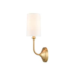 Giselle 1-Light Satin Gold Wall Sconce with Off-White Cotton Fabric Shade