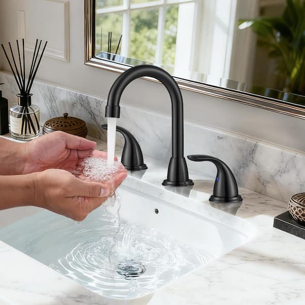 8 in. Widespread Double Handle Bathroom Faucet with Pop-Up Drain Assembly in Matte Black