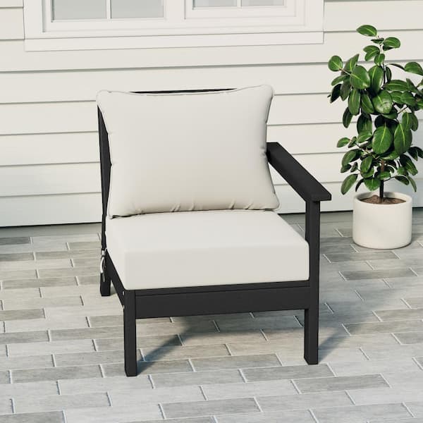 Birchwood Outdoor Patio Deep Seating Right Facing Arm HDPE Lounge Chair in Black with White Cushions