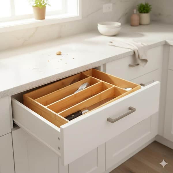 Natural Bamboo Silverware Utensil Kitchen Drawer Organizer Tray with 5 Slots Non Slip Flatware Holder, Brown