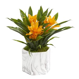 11 in. Indoor Artificial Bromeliad Plant in Marble Finished Vase