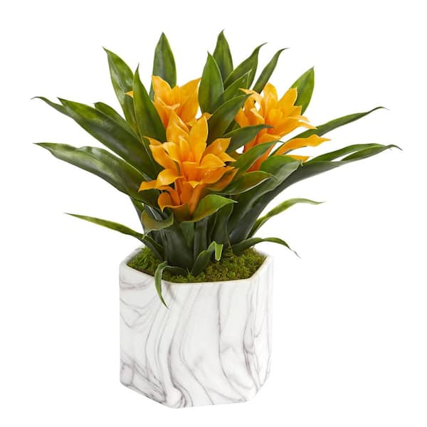 Nearly Natural 11 in. Indoor Artificial Bromeliad Plant in Marble Finished Vase