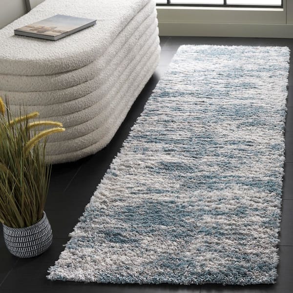 Berber Shag 2 ft. x 8 ft. Ivory/Blue Abstract Marle Runner Rug