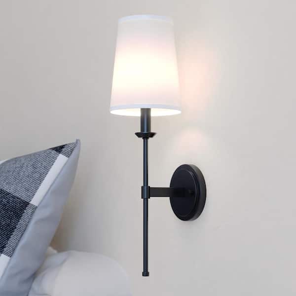 VAXCEL Camden 6 in. W 1-Light Matte Black Wall Sconce Fixture White Linen Fabric Shade, LED Compatible