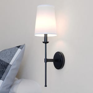 Camden 6 in. W 1-Light Matte Black Wall Sconce Fixture White Linen Fabric Shade, LED Compatible