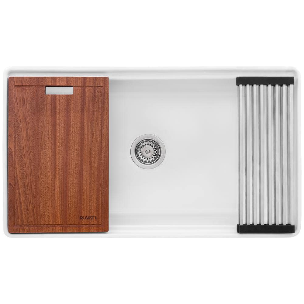 Ruvati 33" White Fireclay Farmhouse Workstation Kitchen Sink