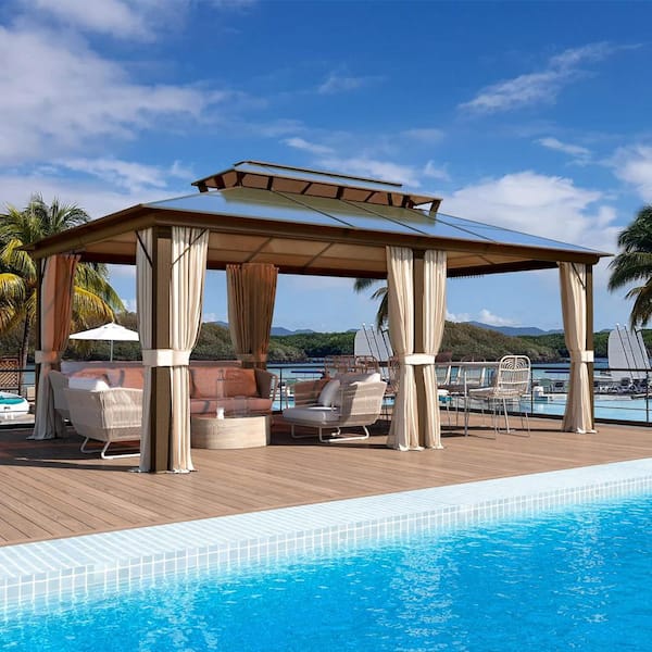 12 ft. x 20 ft. Gazebo Double Roof Canopy, Outdoor Permanent Metal Pavilion with Netting and Curtains for Garden Patio