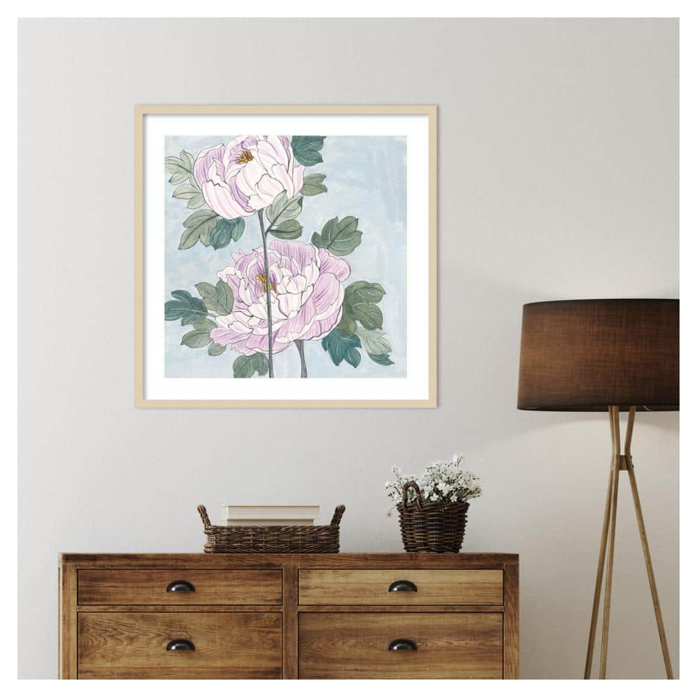 Striped Peonies IV Natural Wood Framed Wall Art Print