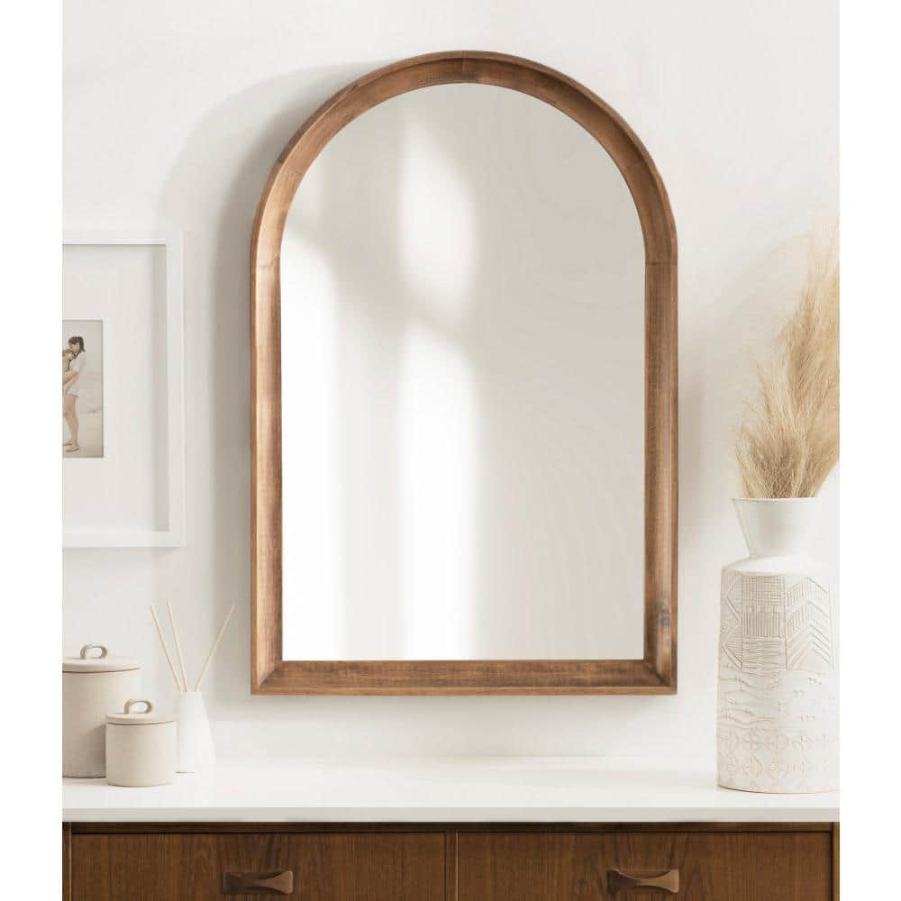 Rustic Brown Arched Wood Wall Mirror for Bathroom Vanity