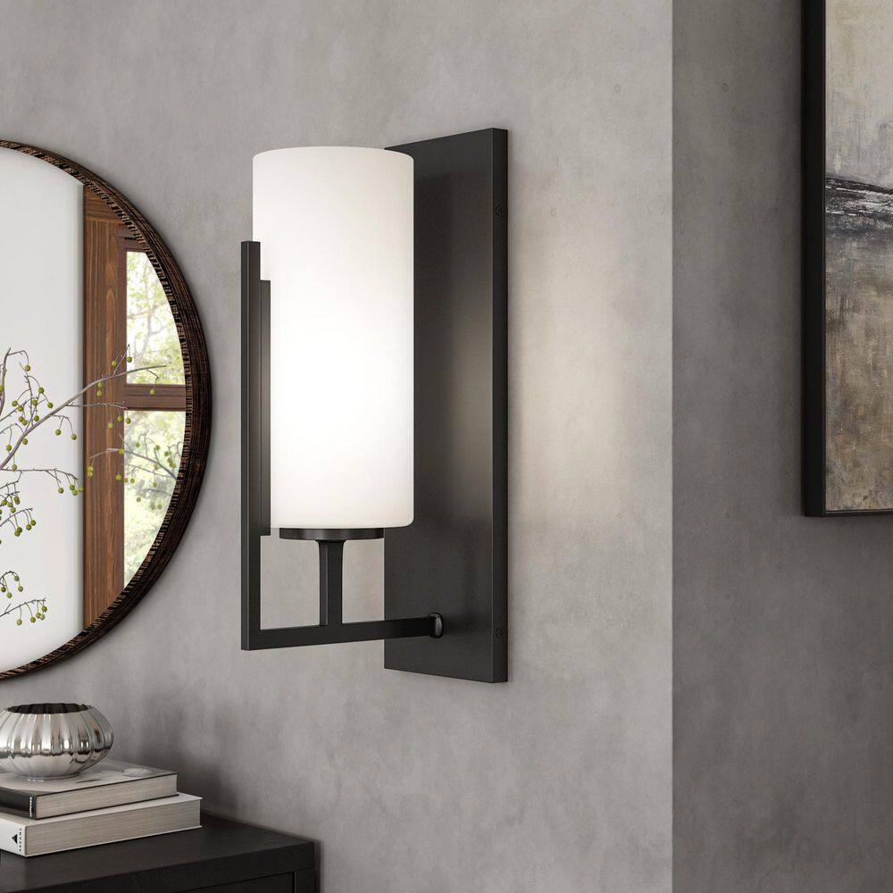 Cambria Modern Matte Black Wall Sconce with Etched Glass Shade