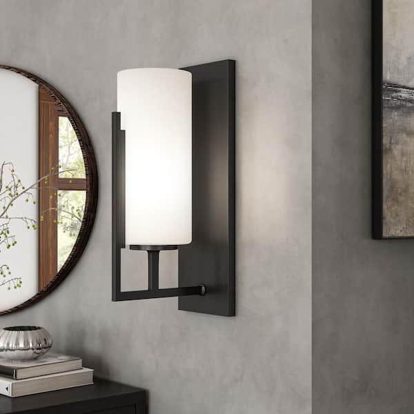 Cambria 4.5 in. 1-Light Matte Black Classic Wall Sconce with Etched Opal Glass Shades