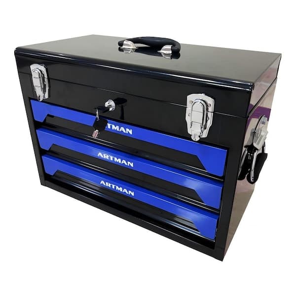 Flynama 20 in. 3-Drawer Steel Toolbox, 4-Layers of Tools with Metal Latches in Black and Blue