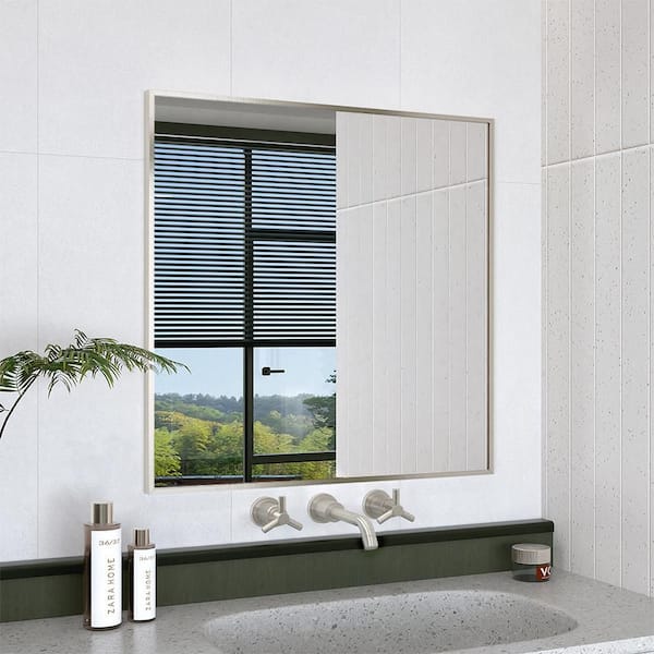 Hermitage Bath Oblivion 30 in. W. x 30 in. H Rectangular Framed Wall Bathroom Vanity Mirror in Brushed Nickel