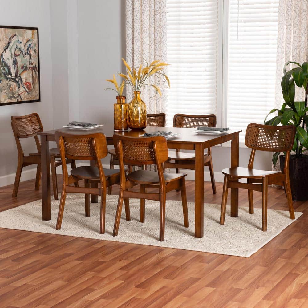 Mid-Century Walnut Brown Wood and Rattan 7-Piece Dining Set
