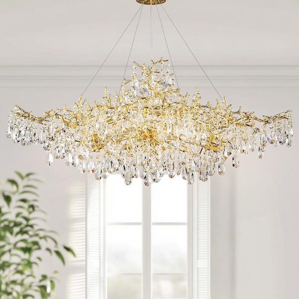 Miles Lightings 14-Lights Gold Luxury Crystal Linear Chandelier, Modern Tree Branch Chandelier for Dinning Room, Kitchen, Living Room