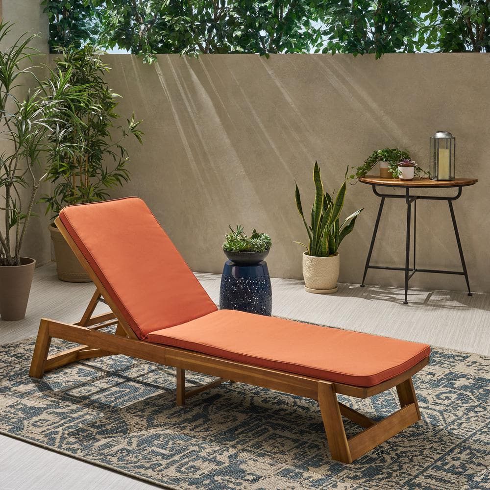 Maki Teak Brown 1-Piece Wood Outdoor Patio Chaise Lounge with Rust Orange Cushions -  Noble House, 68681