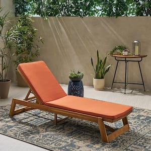 Maki Teak Brown 1-Piece Wood Outdoor Chaise Lounge with Rust Orange Cushions