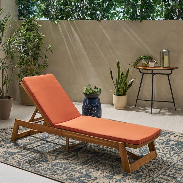 Noble House Maki Teak Brown 1-Piece Wood Outdoor Chaise Lounge with Rust Orange Cushions