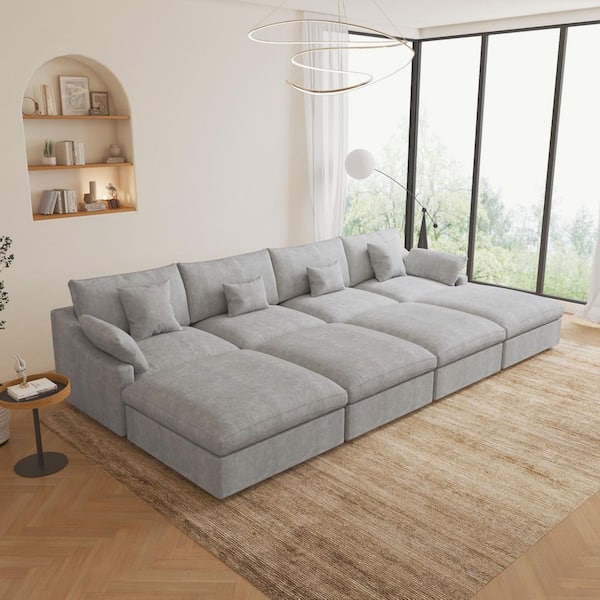 156 in. W Square Arm Linen Upholstered Rectangle 4-Seater Sectional Sofa with 4-Ottoman in Gray