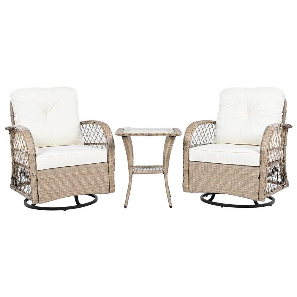 3-Piece Natural Wicker Rattan Patio Conversation Set with Beige Cushions
