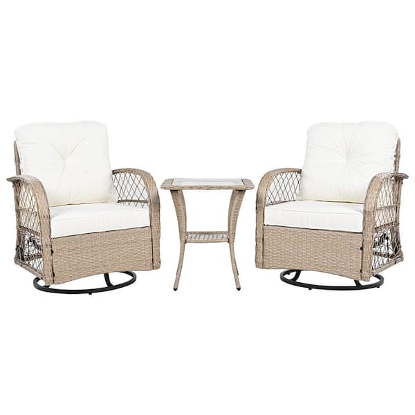 Unbranded 3-Piece Natural Wicker Rattan Patio Conversation Set with Beige Cushions