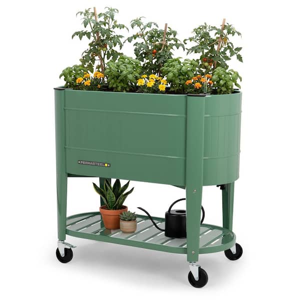 39 in. L x 19.25 in. W x 14.5 in. H Raised Steel Garden Bed with EnGrow TrueSoil Technology, Storage Shelf, Sage