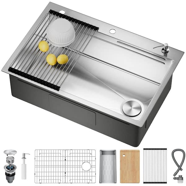 33 in. x 22 in. Drop in Kitchen Sink with Pop-Up Drain, 304 Stainless Steel Workstation Sink, Topmount Single Bowl