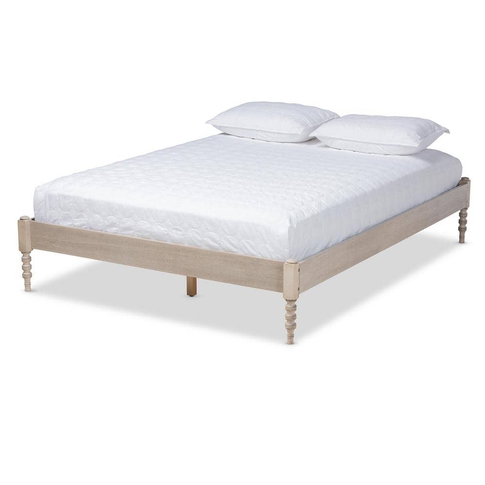 Antique White Oak Queen Wood Platform Bed Frame with Turned Legs