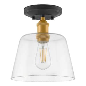 Sherman 1-Light Black Semi Flush Mount with Aged Brass Accents and Clear Glass