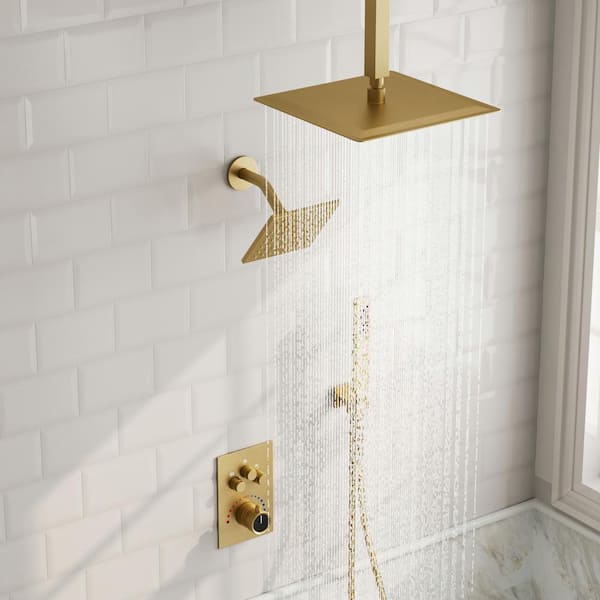 Multiplepress Single Handle 7-Spray Tub and Shower Faucet 2.5 GPM with Towel Rack Set in Brushed Gold Valve Included