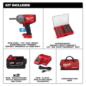 M18 FUEL ONE-KEY 18V Li-Ion Brushless Cordless 1/2 in. Ext Anvil Impact Wrench w/ Batteries & Impact Socket Set