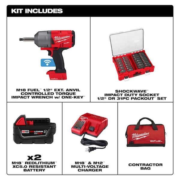 M18 FUEL ONE-KEY 18V Li-Ion Brushless Cordless 1/2 in. Ext Anvil Impact Wrench w/ Batteries & Impact Socket Set