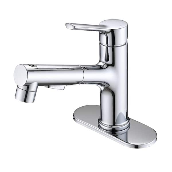 Single Handle 1 or 3-Hole Bathroom Faucet with Deckplate Included and Drain Kit Pull Down Sprayer in Chrome