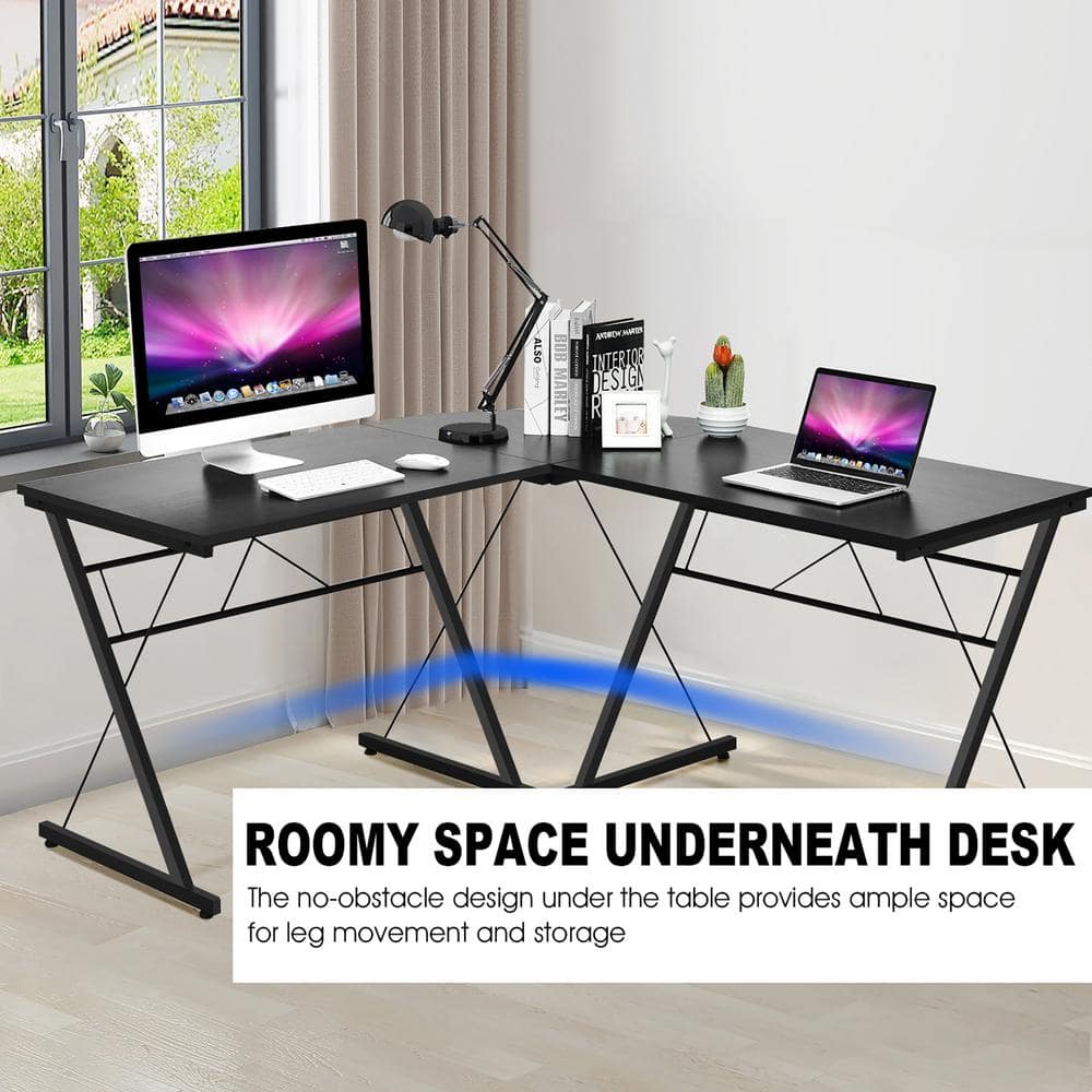 59'' Black L-Shaped Wood and Metal Computer Desk