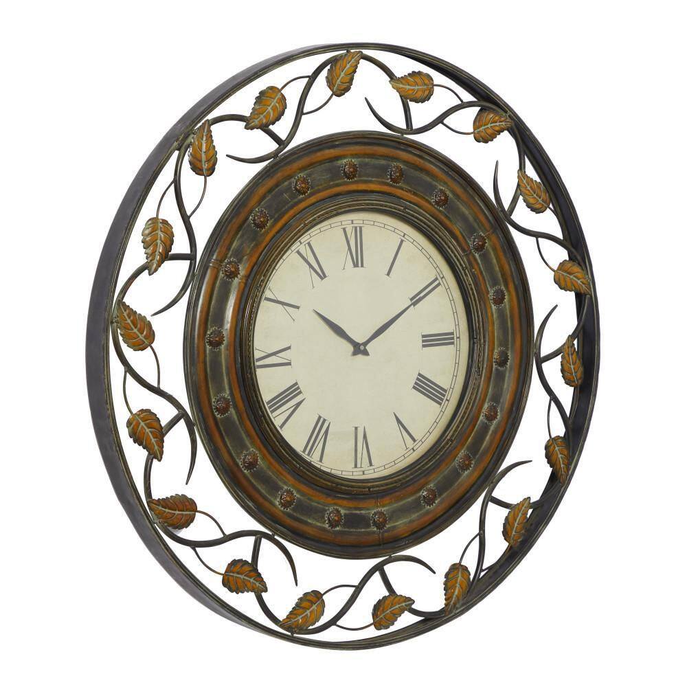 36'' Brown Metal Leaf Medallion Wall Clock with Scrolled Vines