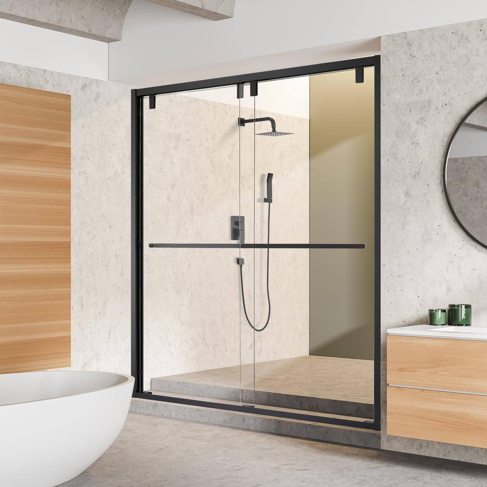 60" Matte Black and Clear Glass Semi-Frameless Shower Door