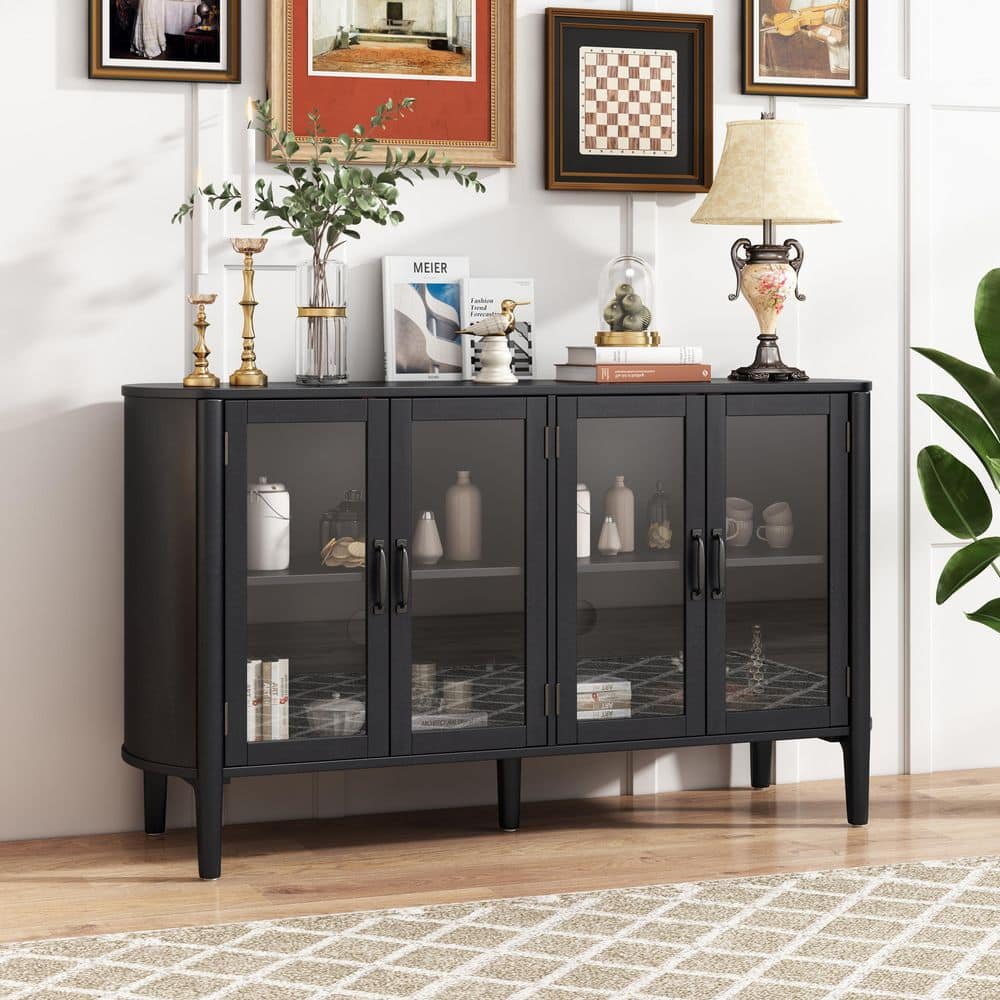 Earnest Modern Black 33.3 in. H Sideboard Accent Storage Cabinet with Glass Doors, Adjustable Shelves
