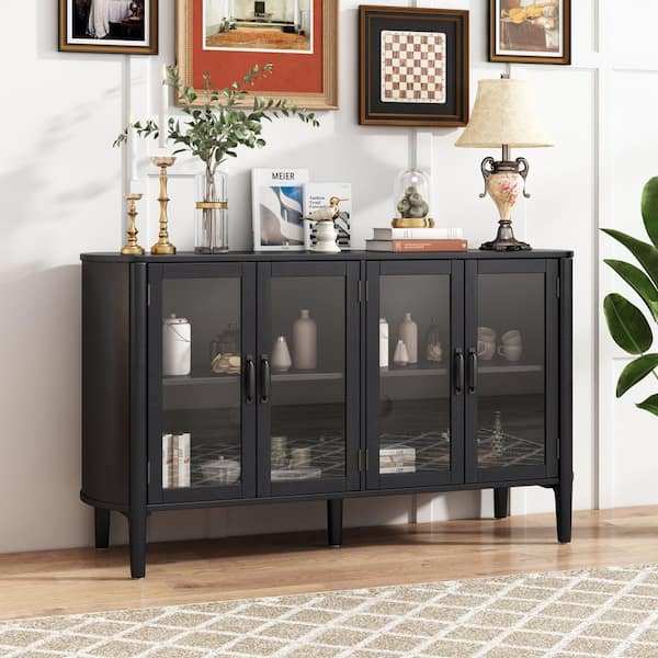 Earnest Modern Black 33.3 in. H Sideboard Accent Storage Cabinet with Glass Doors, Adjustable Shelves